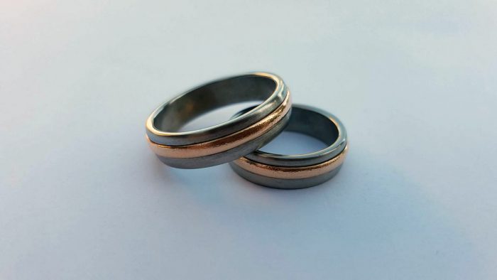 Wedding Rings. Antique Grey Titanium & Red Gold
