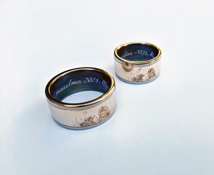 Massive Wedding Rings. Titanium & White Gold 585′. Hand Engraved