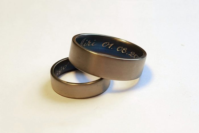 Titanium Wedding Rings. Satin Matt. Hand Engraved. Blue Color inside