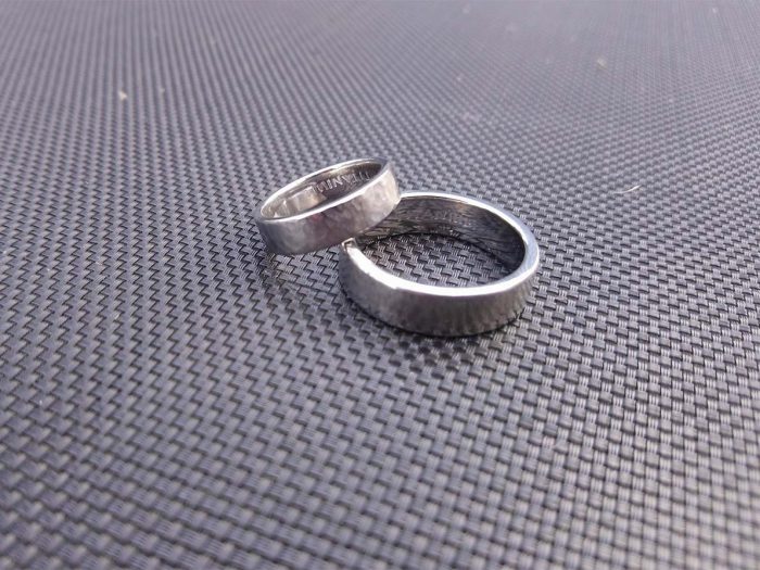 Titanium Wedding Rings. High Polished. Hammered. Hand Engraved